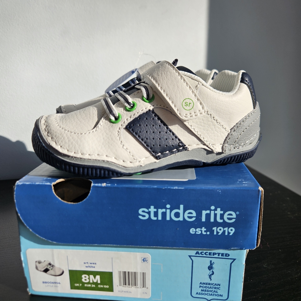 Stride Rite Toddler Sneakers in White, Navy and Green Accent (Size 8T)